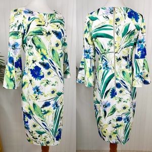 Calvin Klein White Blue Green Floral Bell Sleeve Sheath Dress 10 NWT